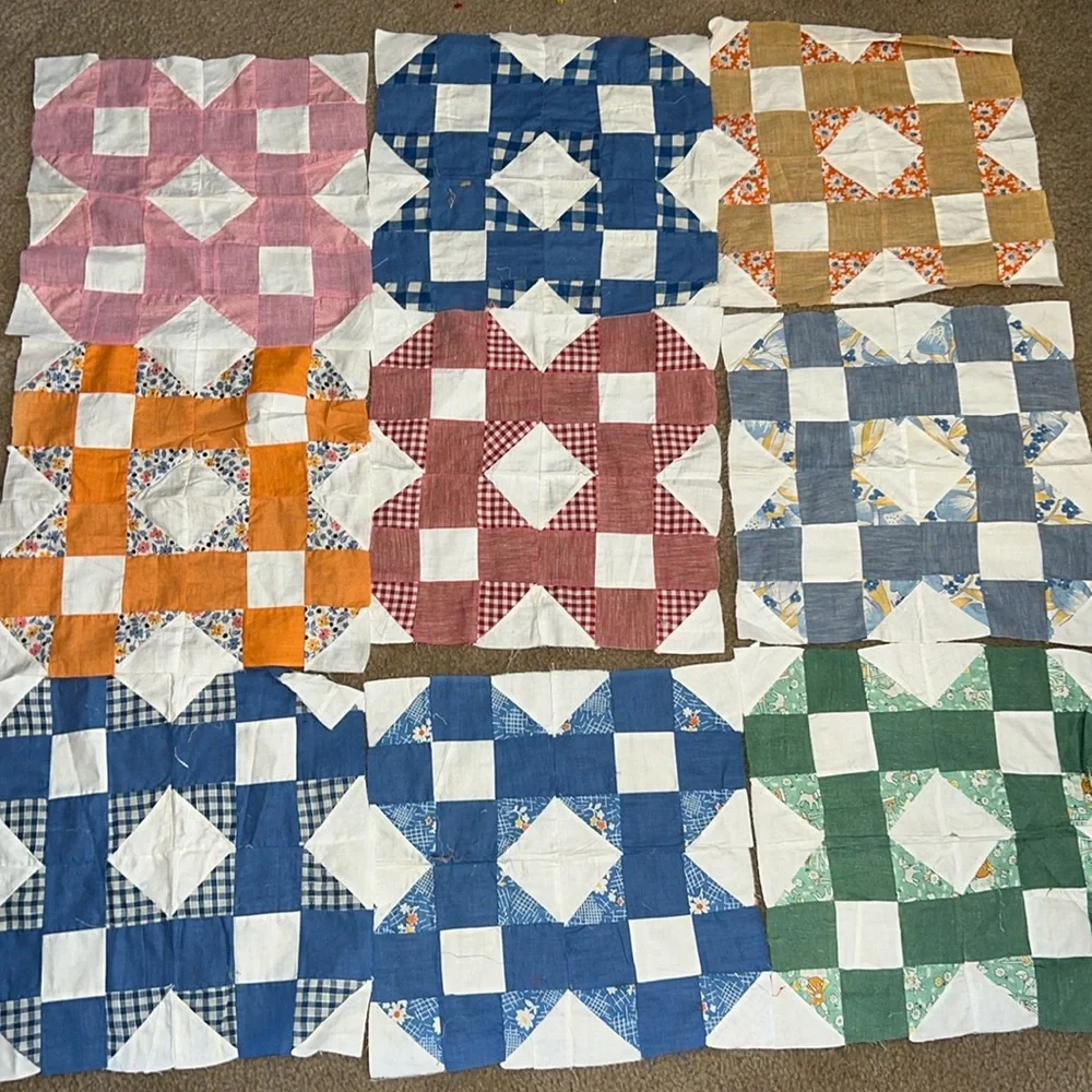 Lot 9 vintage handmade quilt squares blocks 14”